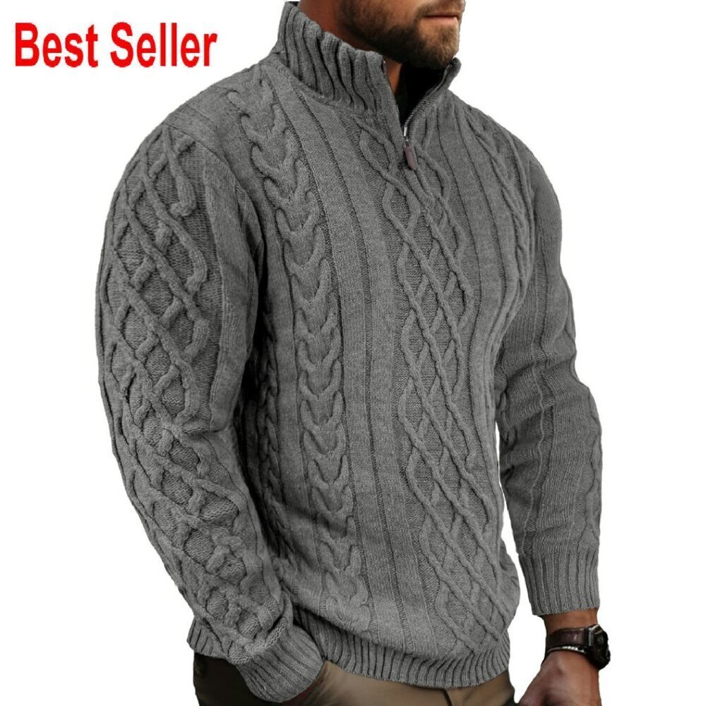 Quarter Zip Cable Knit Sweater Mock Neck Pullover Classic Elegant Minimal